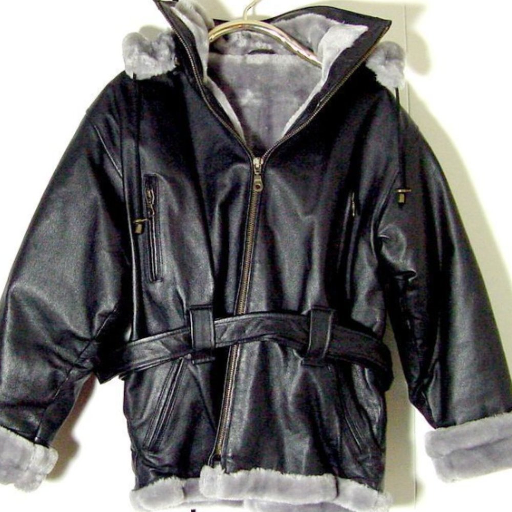 Wilda Women's Black Leather Hooded Bomber Winter Belted Coat Sz M